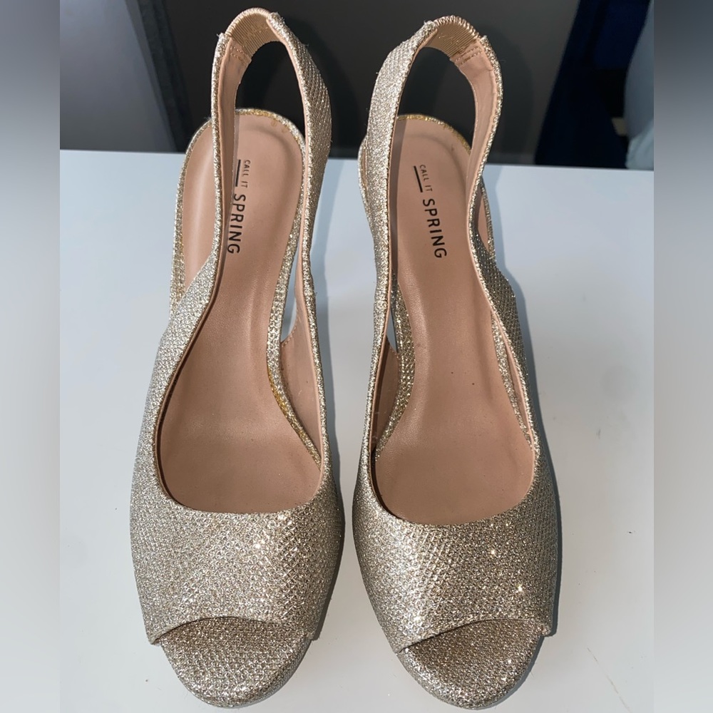 Call it spring Gold glitter shoes pre-owned size 8 1/2 worn once with strap